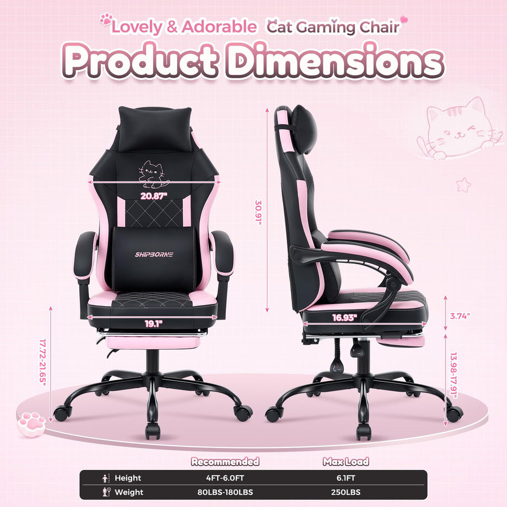 Cute Gaming Chair, Ergonomic Computer Gamer Chair, Black and Pink