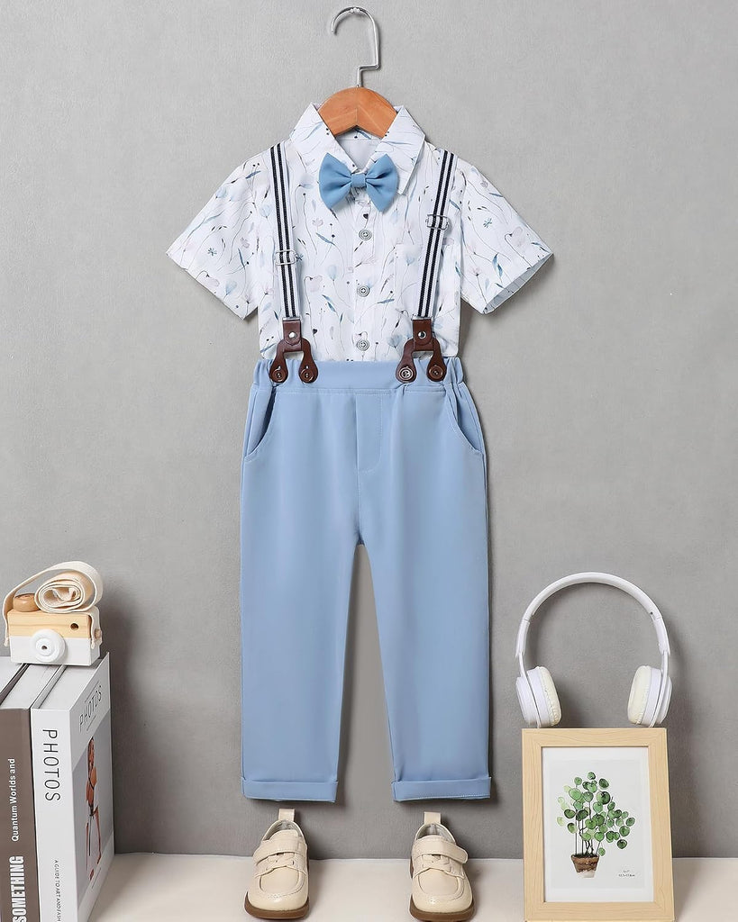 Boys Clothes Formal Suit Gentleman Wedding Outfit Short Sleeve Shirt with Bow Tie and Suspender Pants