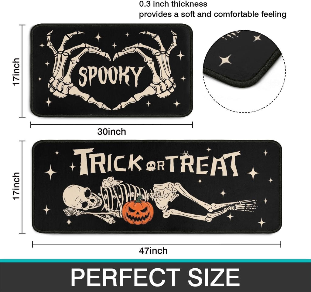 Halloween Kitchen Decor Rugs Set,Skeleton Kitchen Rugs and Mats Non Skid Washable Absorbent Kitchen - Set of 2
