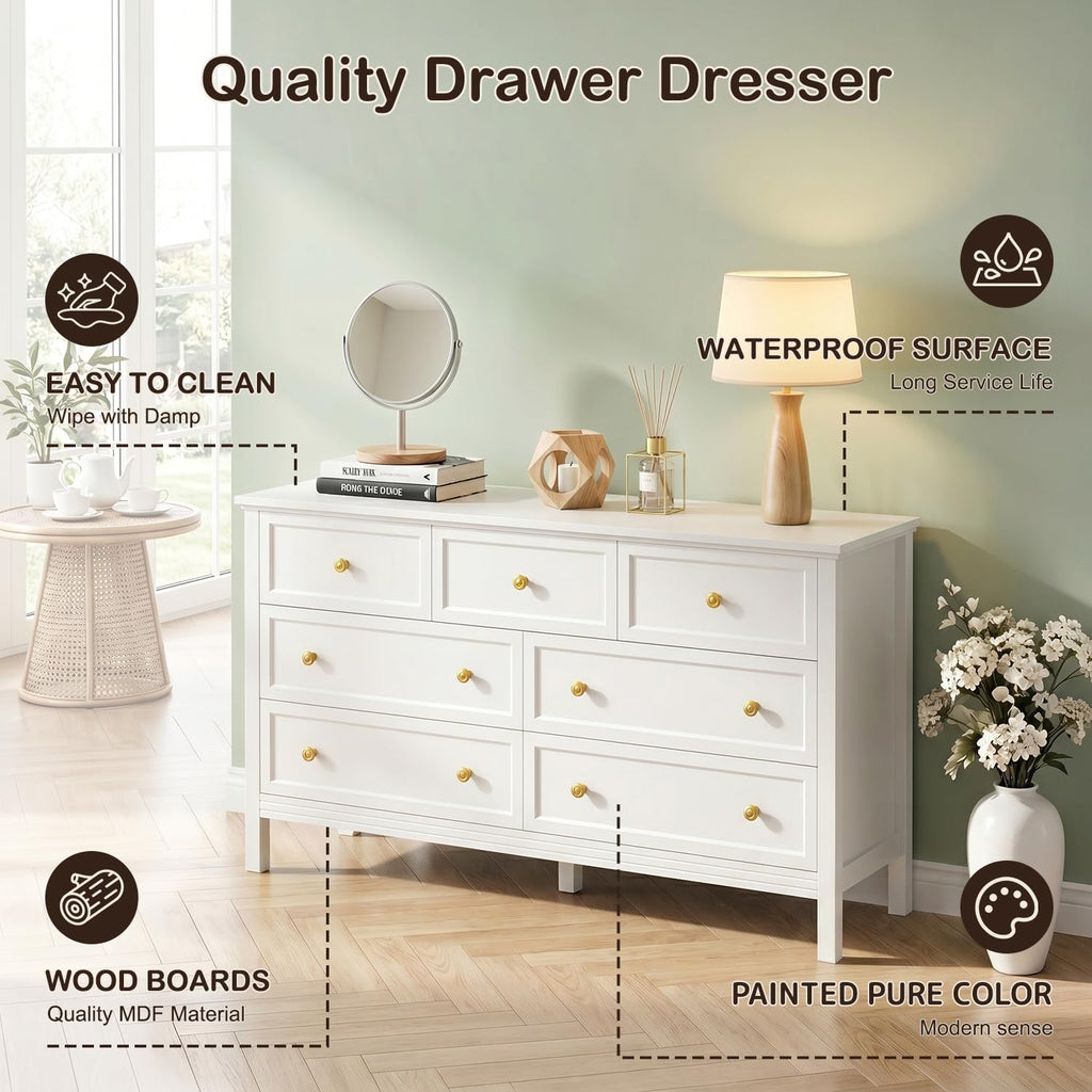 55" White with 7 Drawers & Modern Gold Handle