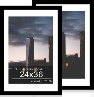 24x36 Poster Frame Set of 2, 24 x 36 Wood Picture Frames with Mat for 20x30, Wooden Photo Frame with Tempered Glass