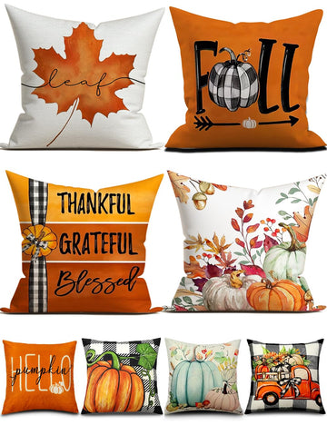 Fall Pillow Covers 18x18 4Pcs Double‐Sided Print Autumn Home Decor