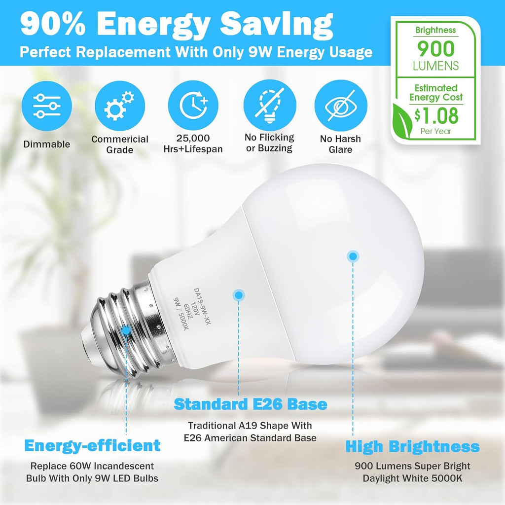 A19 LED Light Bulb 60W Equivalent, Dimmable 5000K Daylight White