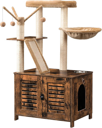 Cat Tree with Litter Box Enclosure, 44" Tall Wooden Cat Tower with Scratching Posts, Cat Hammock, Hidden Litter Box