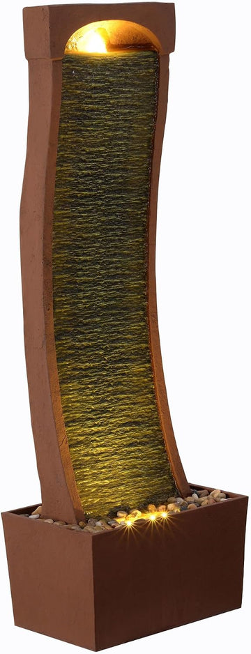38.5" Modern Curved Faux Slate Waterfall Fountain with LED Lights, Red Rock