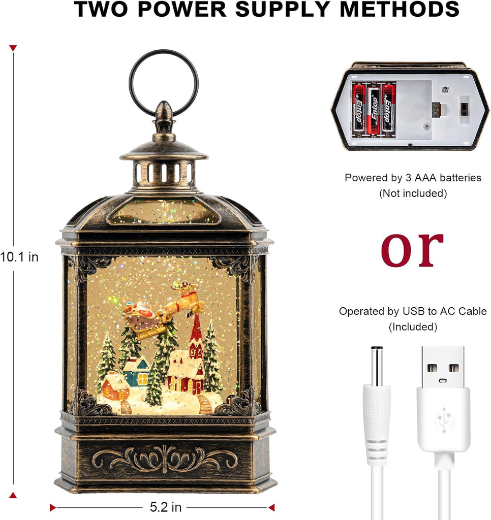 Christmas Snow Globe Swirling Glittering Lantern Santa Flying with Reindeer, USB Lined/Battery Operated Lighted Water