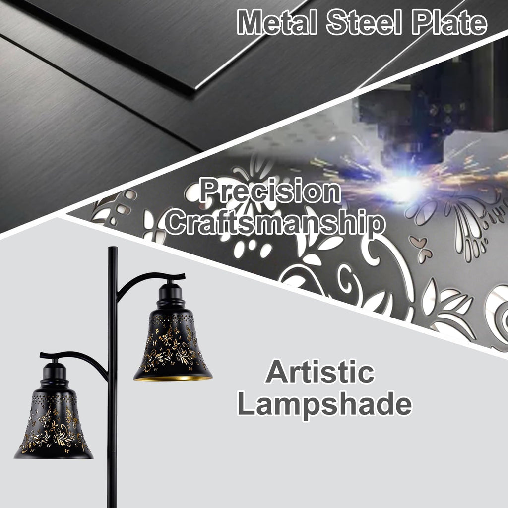 2-Light Rustic Floor Lamp, Butterfly Cutout Bell Shade Black Metal Tree Standing Lamp, 64.56" Farmhouse Floor Lamp, Bar
