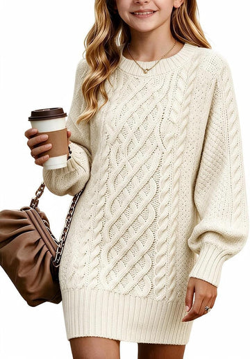 Girls Cable Knit Sweater Dress Crew Neck Long Sleeve Casual Teen Tween Pullover Fall Winter Dresses Loose Outfits