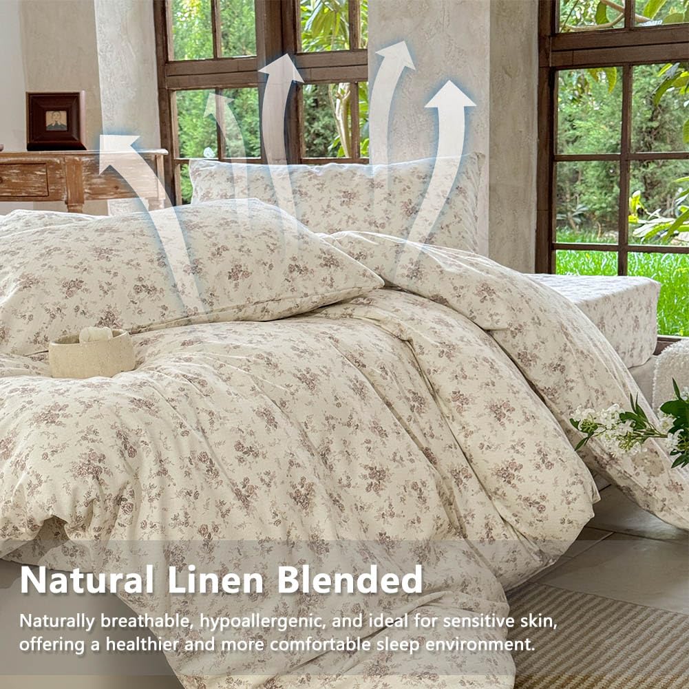 French Flax Linen Cotton Blend Duvet Cover Set, Red Floral