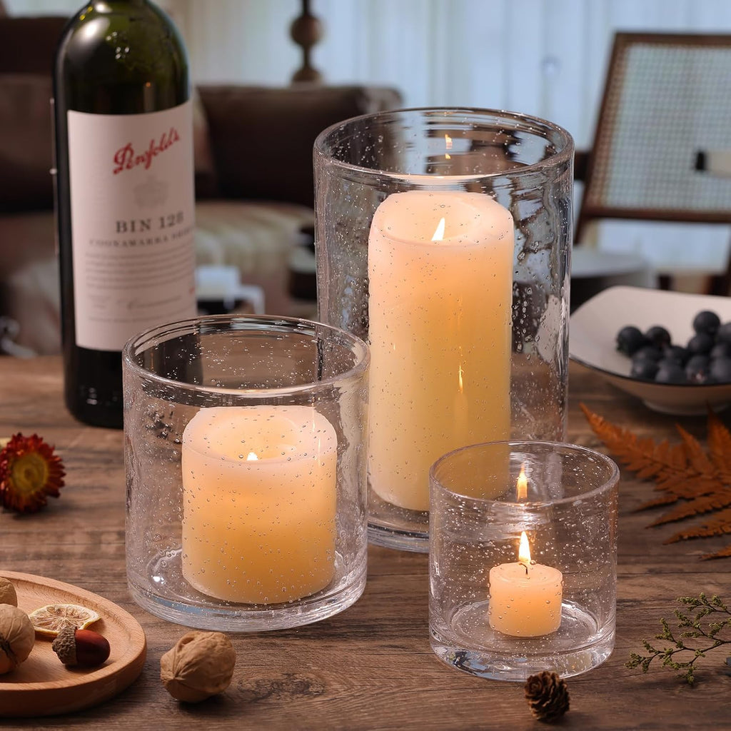 Hurricane Candle Holder Set of 3 Clear Candle Holders for Pillar Candles, Seeded Bubbles Glass Candle Holder for