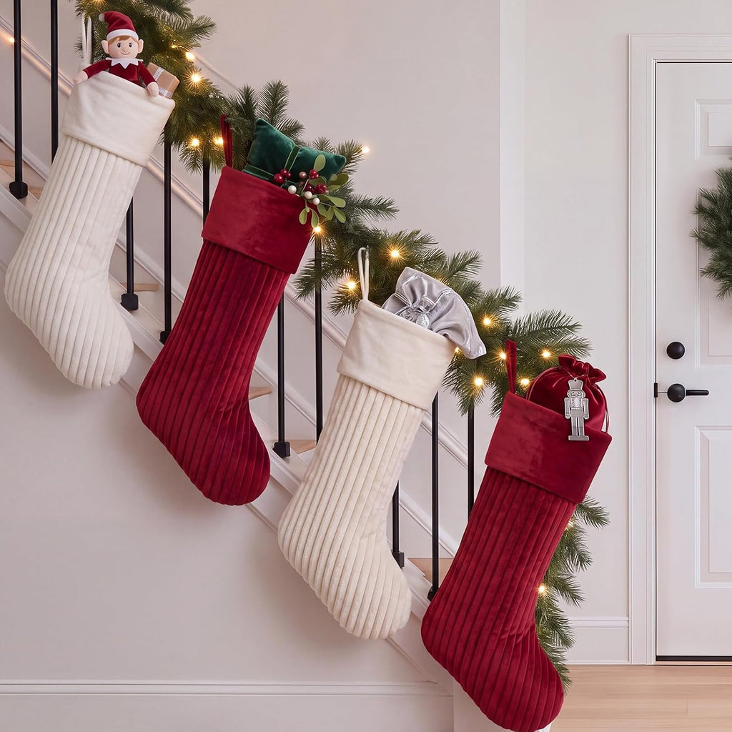 4 Christmas Stockings Set 19 Inch Velvet Quilted Stocking, Red,White