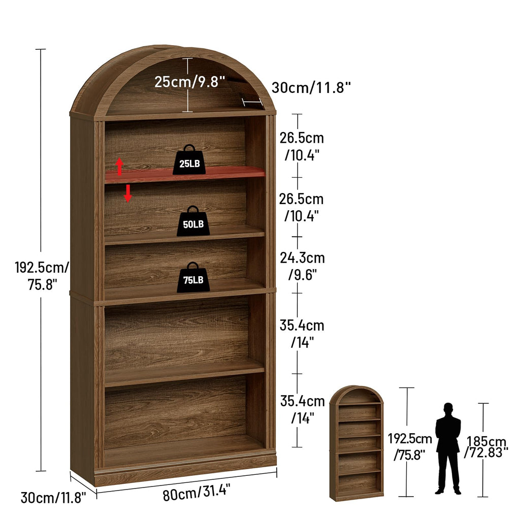 Arched Bookshelf, 75.8" Tall Arch Bookcase with Storage