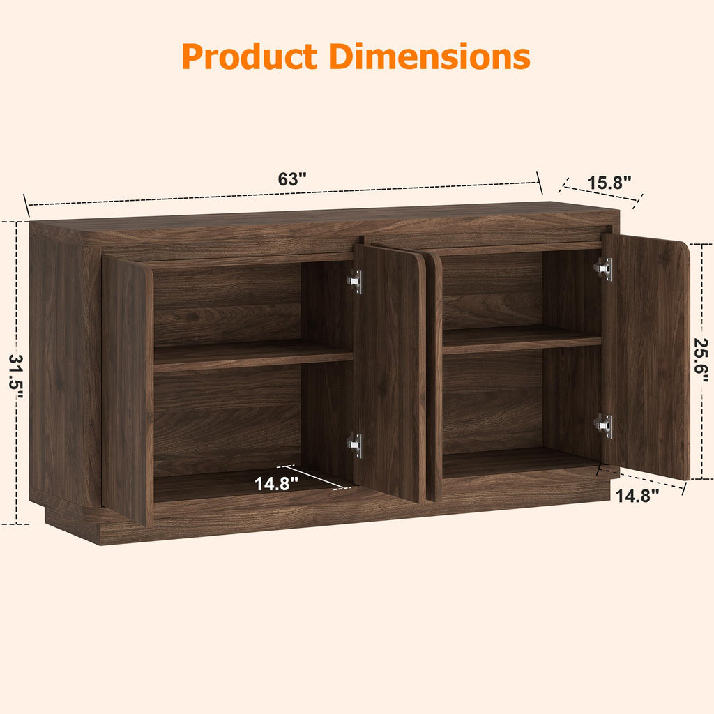 63" Buffet Cabinet with Storage & Power Outlet, Wood Sideboard Credenza with Double-Arc Doors, Modern Coffee Bar
