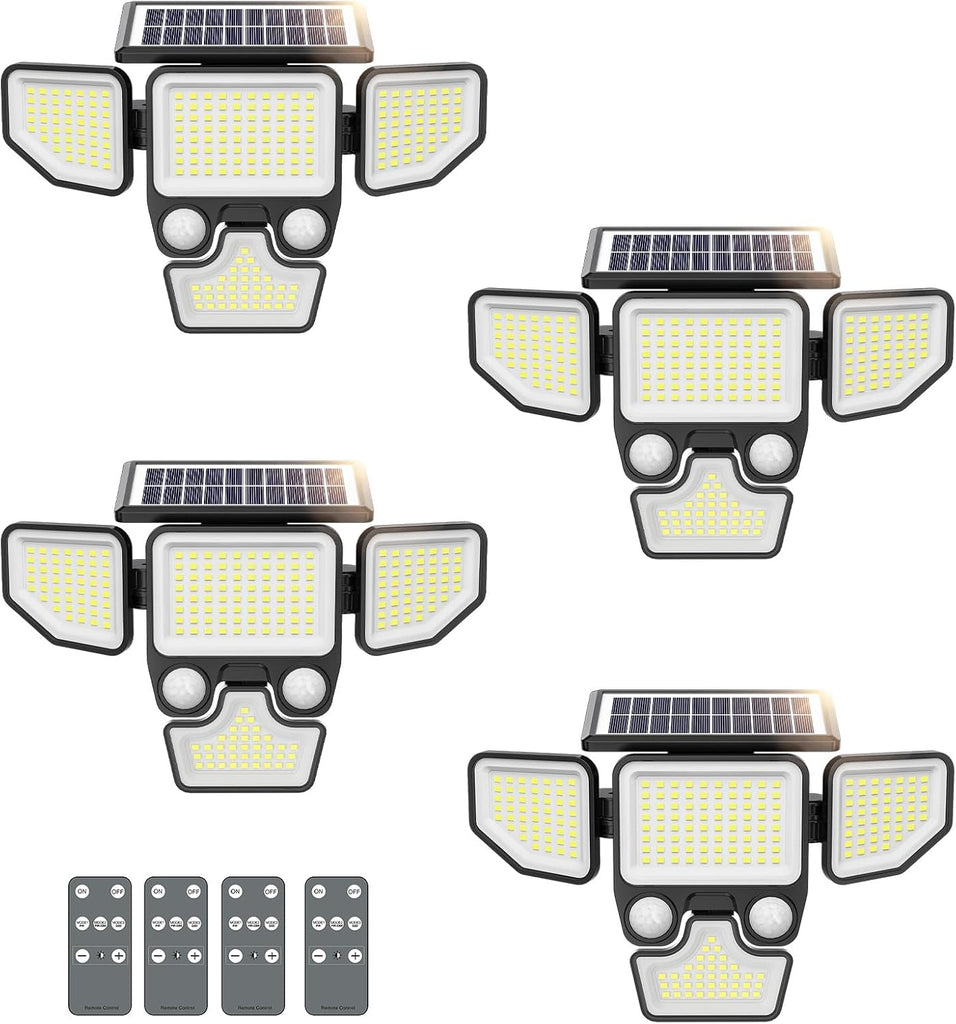 3000LM Solar Lights Outdoor, 4 Heads Solar Security Lights with Remote Control, 180 LEDs IP65 Waterproof Motion
