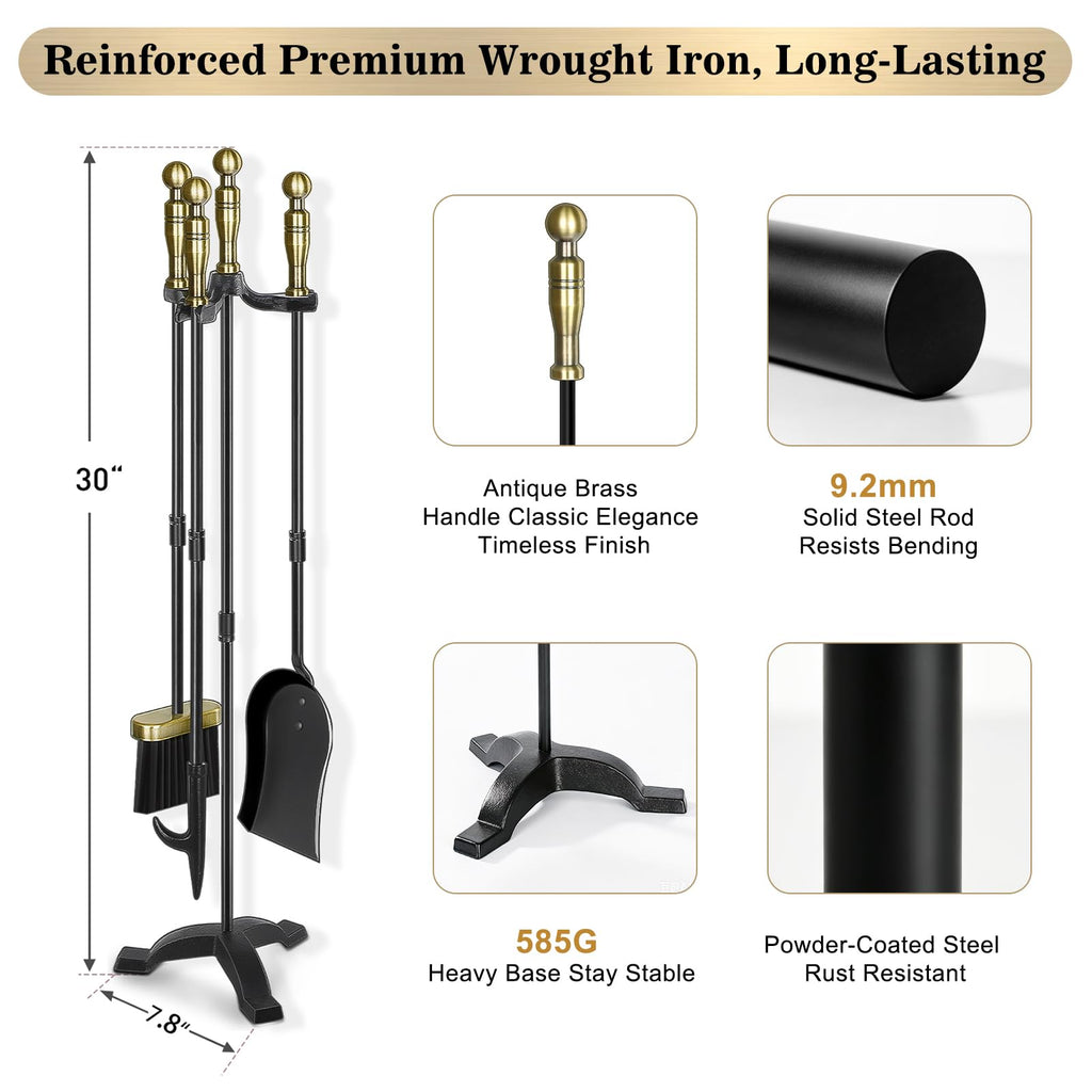 Antique Brass Fireplace Tools Set, 30 Inch Heavy-Duty Wrought Iron