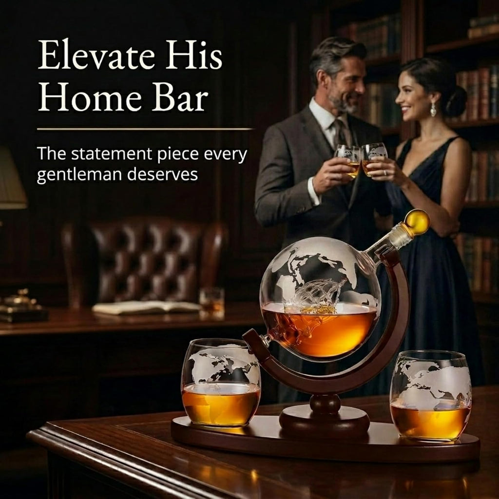 Gifts for Men, Whiskey Decanter Globe Set with 2 Etched Whiskey Glasses - for Liquor Scotch Bourbon Vodka, Gifts