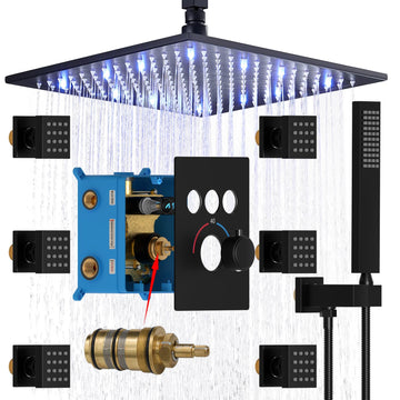 Thermostatic Shower System with Body Jets (Use All Functions At A Time), Ceiling Mounted 12 Inch LED Rain Shower with
