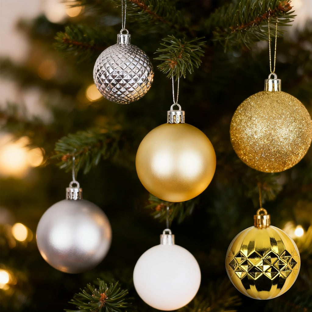 Tree Decorations Ornament Set, 60ct 2.36 Inches White Sliver and Gold Shatterproof Christmas Ball Ornaments, Hanging