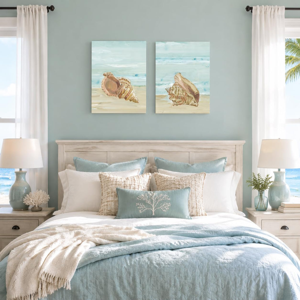 Nautical Seashell Wall Art Beach Wall Decor Ocean Theme Canvas Prints Aqua Turquoise Coastal Shell Pictures Framed