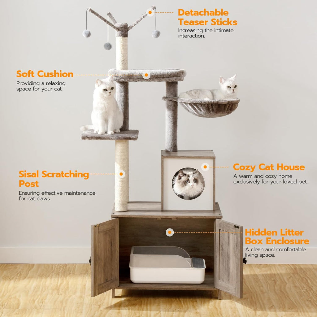 Cat Tree Tower with Litter Box Enclosure Indoor, Wooden Cat Condo with Scratching Posts, Litter Box Furniture Hidden