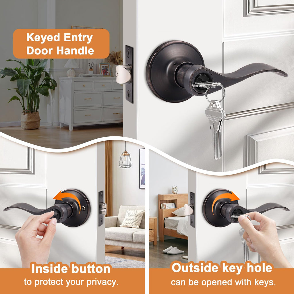 Entry Door Lever Oil Rubbed Bronze, Wave Style Handle Exterior Interior Keyed Entry Lock, Right/Left Handed Entrance