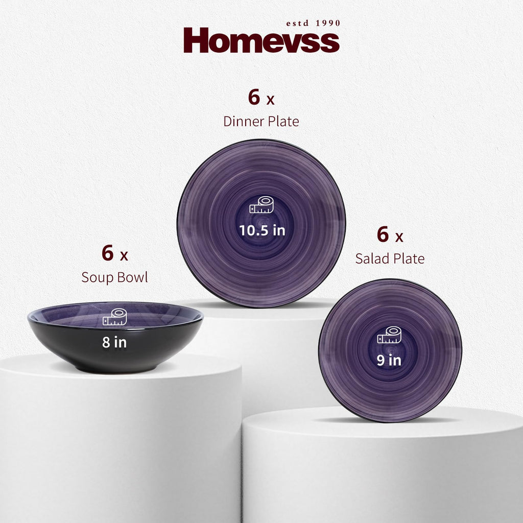 Stoneware Dinnerware Set, Sonoma 18 Piece Service for 6, Black & Speckled Purple Spinwash Plates and Bowls, Microwave