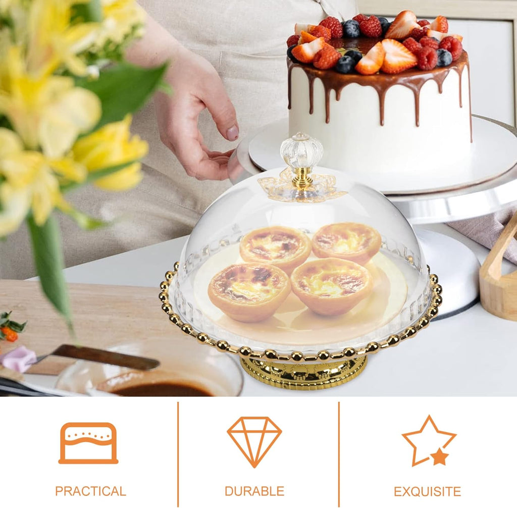 White Round Ceramic Cake Stand with Glass Dome, 8 Inch