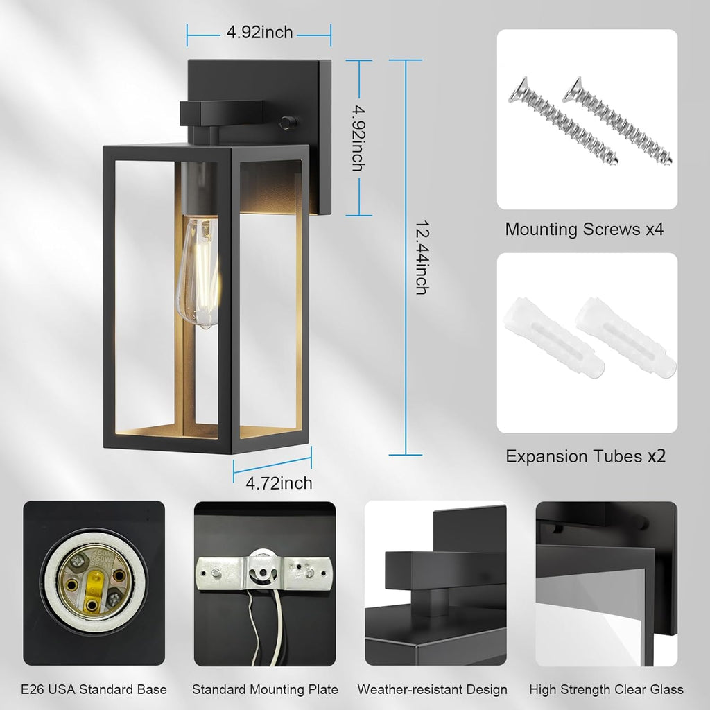 Outdoor Wall Lights, 12.4 Inch Waterproof Lanterns with Frame and Clear Glass Shade, Exterior Front Porch Lights Matte Black Wall Sconce, Modern Mounted Lighting for Patio Entryway Hallway, 2 Pack A123-B0CL63PQX5