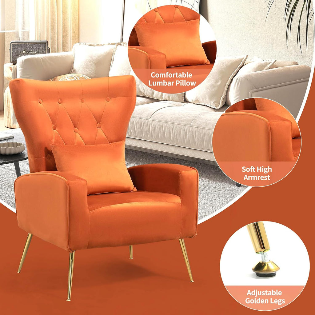 Mid-Century Accent Chairs Set of 2, Wingback Chair with Arm & Gold Legs, Living Room Bedroom Side Chair with Lumbar
