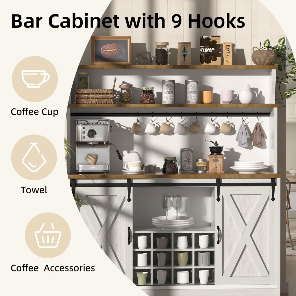 55'' Farmhouse Coffee Bar Cabinet with 3 Tier Storage Hutch, Coffee Bar Station with Sliding Barn Door, Hutch Storage