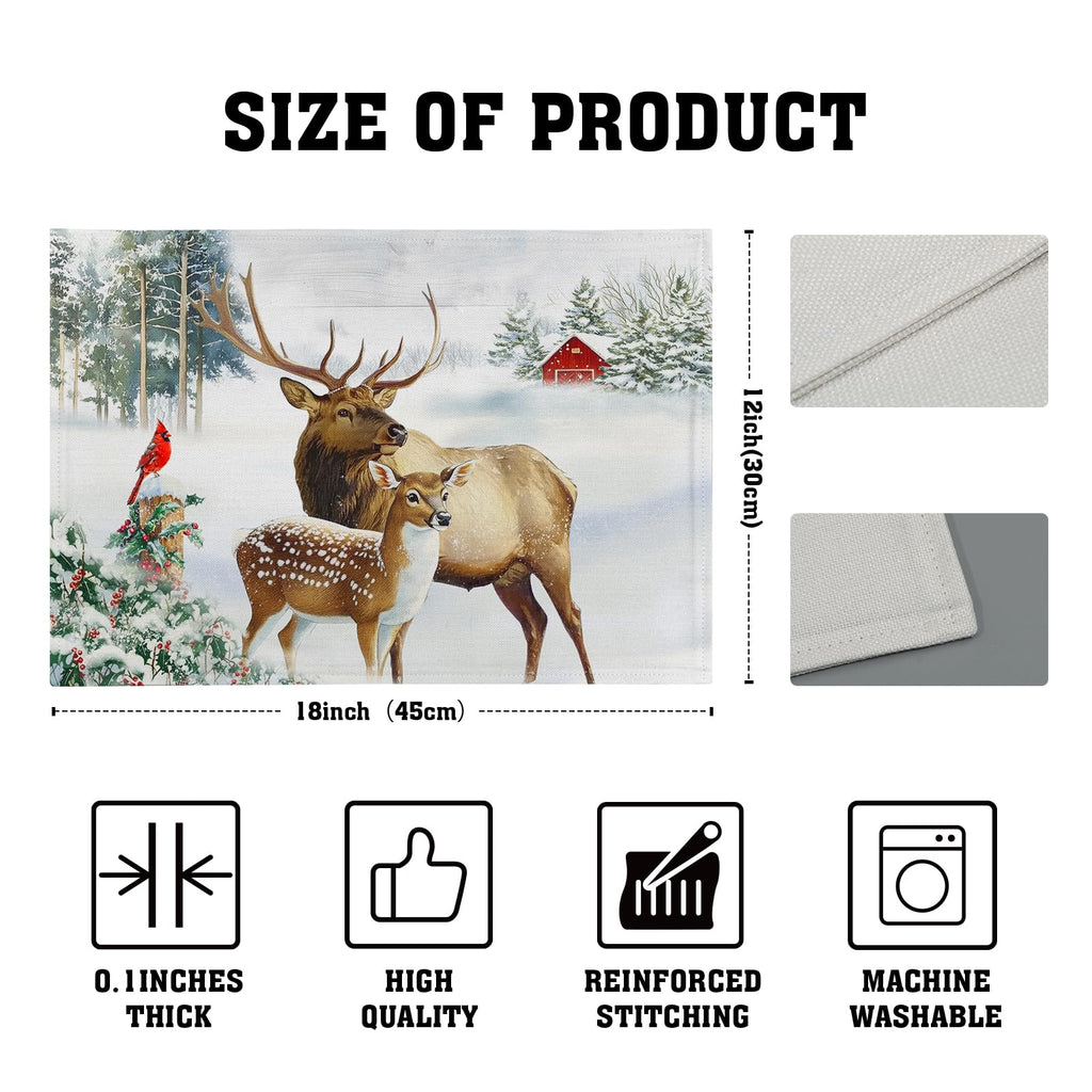 Winter Deer Placemats Set of 4 12x18 Inch Christmas Reindeers Elk Moose Place Mat Xmas Trees Snow Wildlife Table Mats