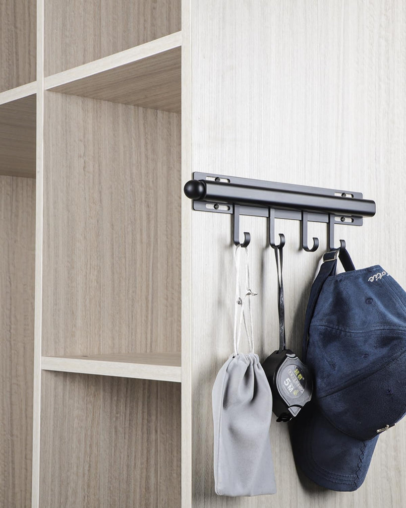 Valet Rod for Closets Pull Out 12" Black with 4 Hooks