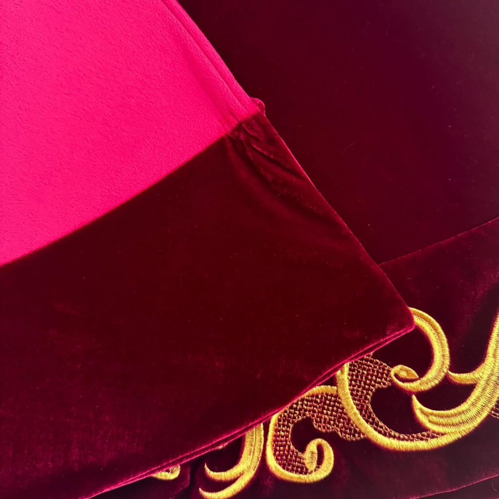 84-Inch Velvet Christmas Tree Skirt with Golden Swirl Embroidery and Lace Tie Closures, Burgundy