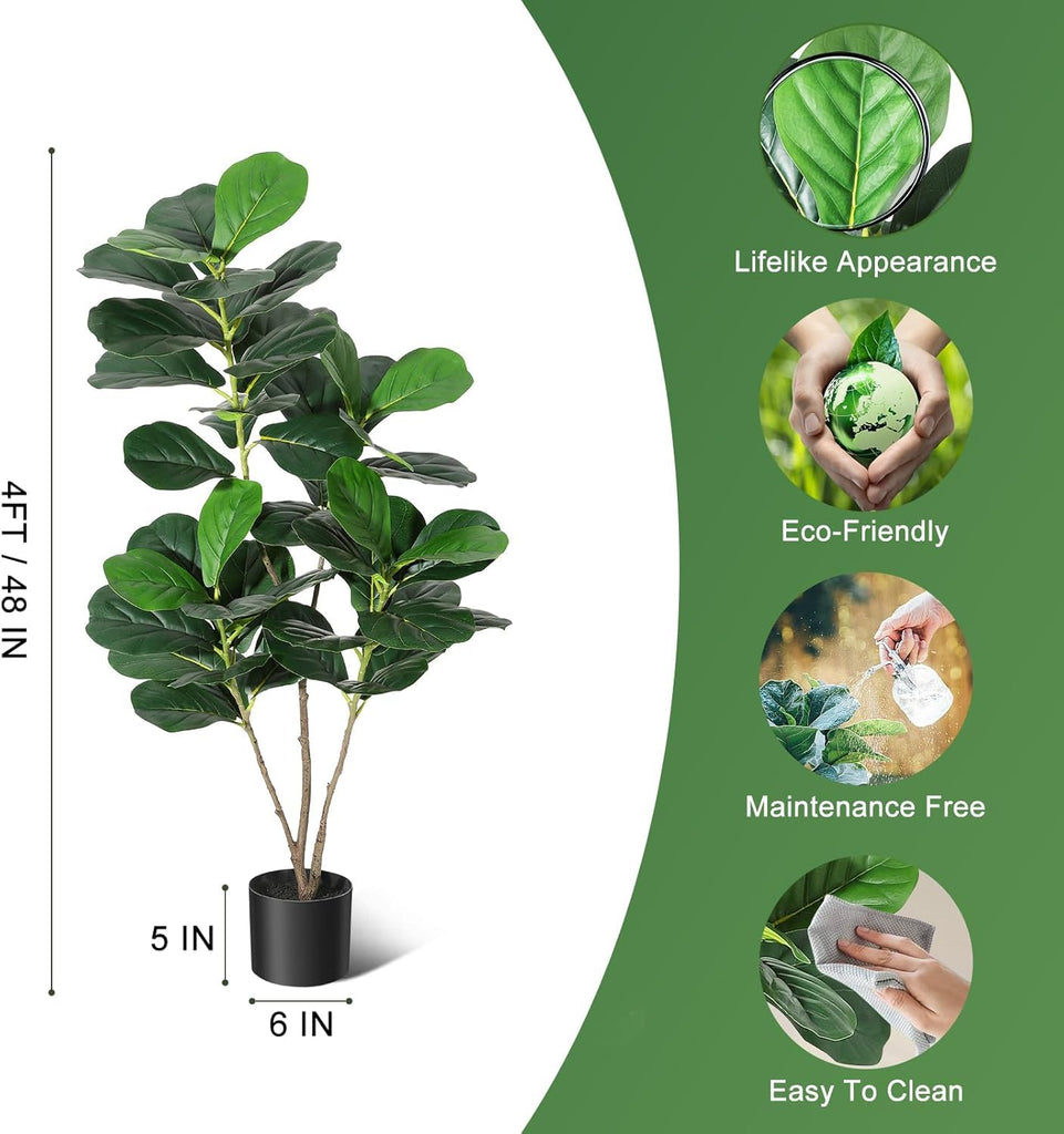 4FT Fiddle Fig Artificial Tree Faux Floor Plant with Black Planter Pot, Potted Fake Fiddle Fig Tree for Indoor