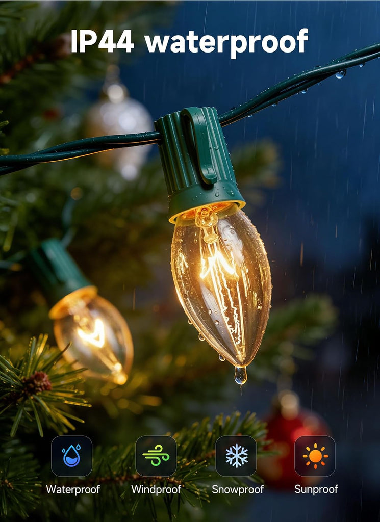 C9 Clear Christmas String Lights, 25FT 25 Bulbs, Green Wire