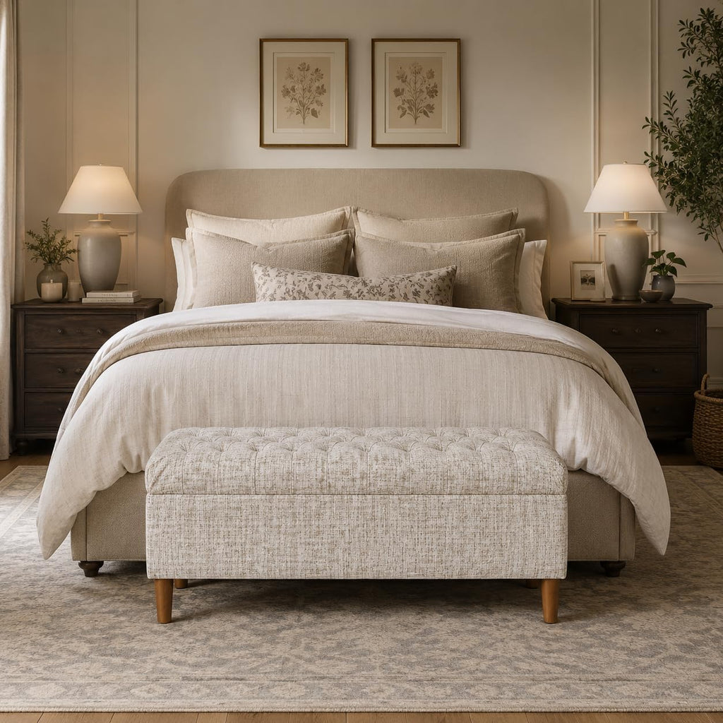 40" Ainsley Button Tufted Storage Bench - Cream Textural Woven