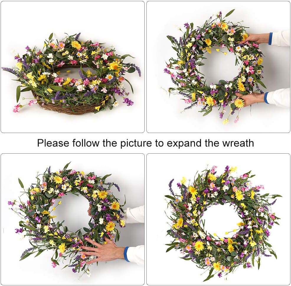 Spring Wreath 24 Inch Summer Wreaths for Front Door Artificial Flower Wreath with Daisy and Lavender Outdoor