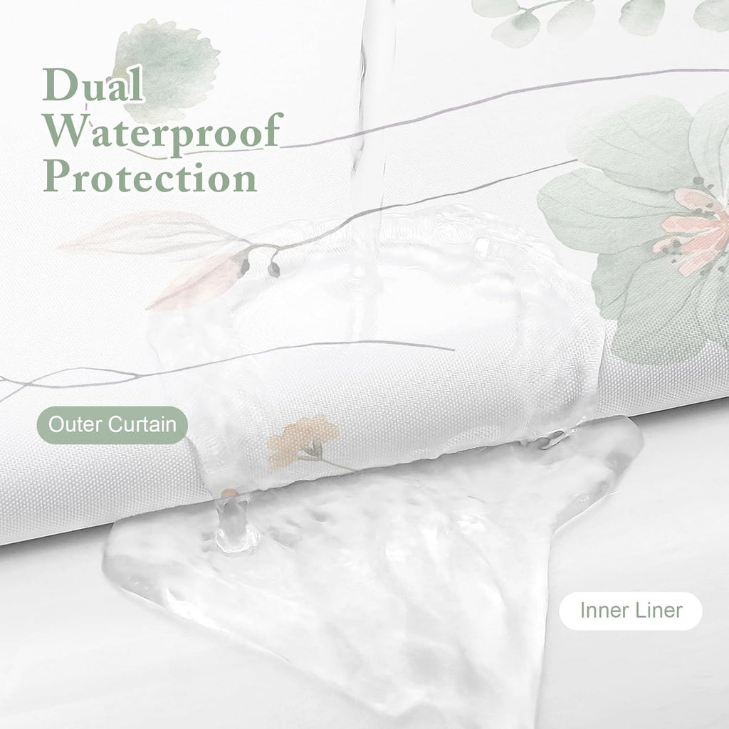 3 in 1 Shower Curtain Set, Sage Green Watercolor Floral Bath Curtain and PEVA Liner Set with 12 Double Sided Steel