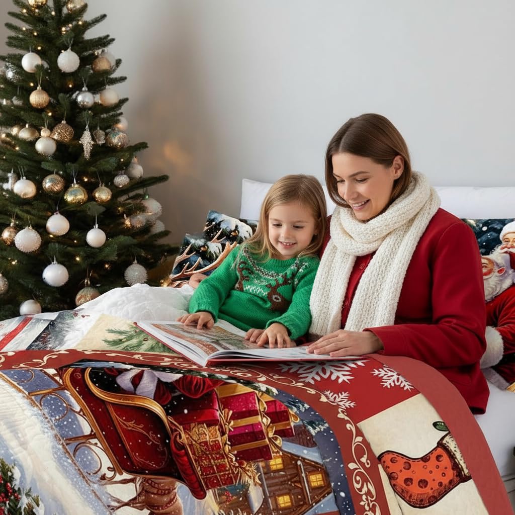 Merry Christmas Patchwork Quilt Set King- Santa Claus Sled Tree Snowflakes Checkered Printed Holiday Bedding Set