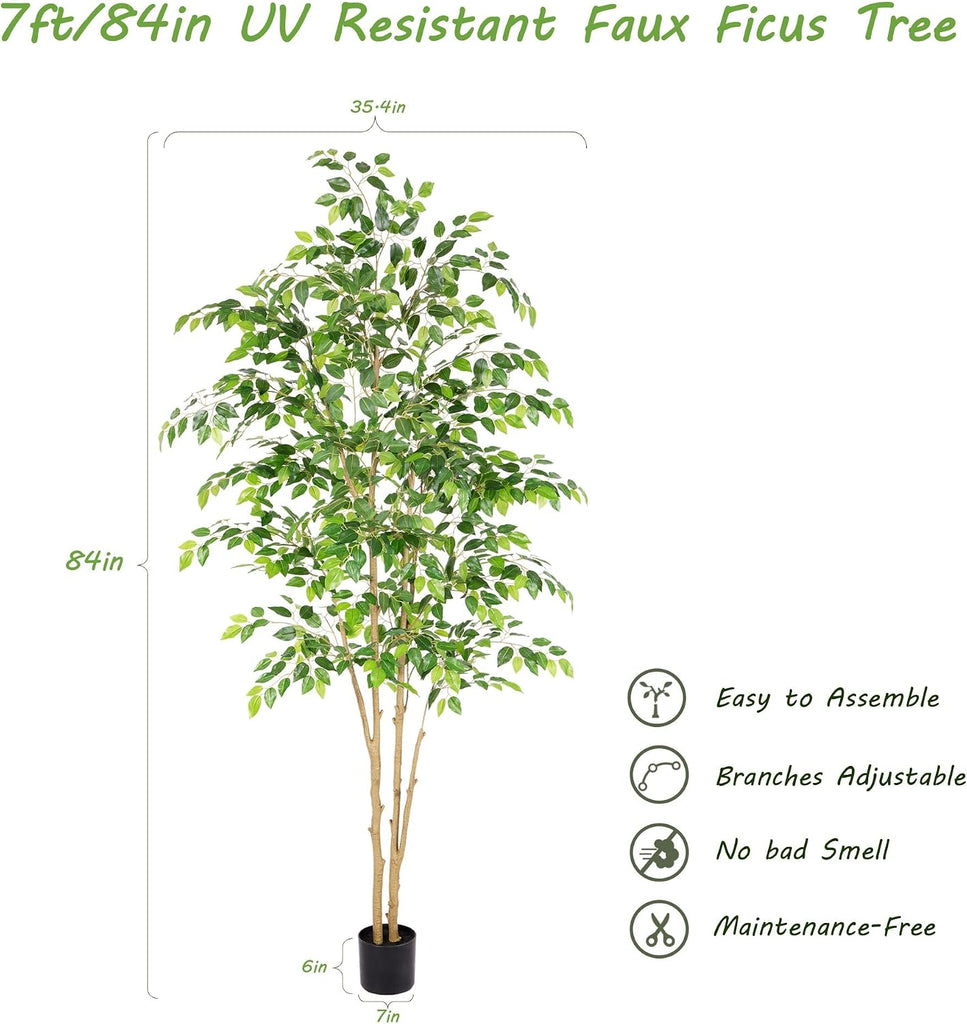 Tall UV Resistant Ficus Tree Artificial,7ft(84in) Realistic Texture Potted Faux Ficus Tree, Fake Trees Indoor Outdoor