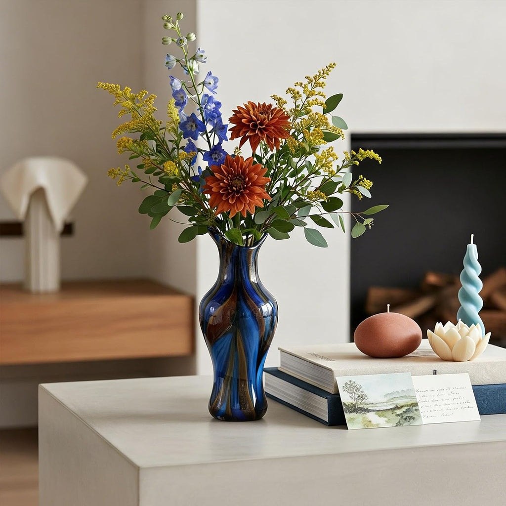 Handblown Art Glass Vase, 12.4" Tall Heavy Duty Decorative Flower Vase with Unique Swirl Pattern, Modern Murano Style