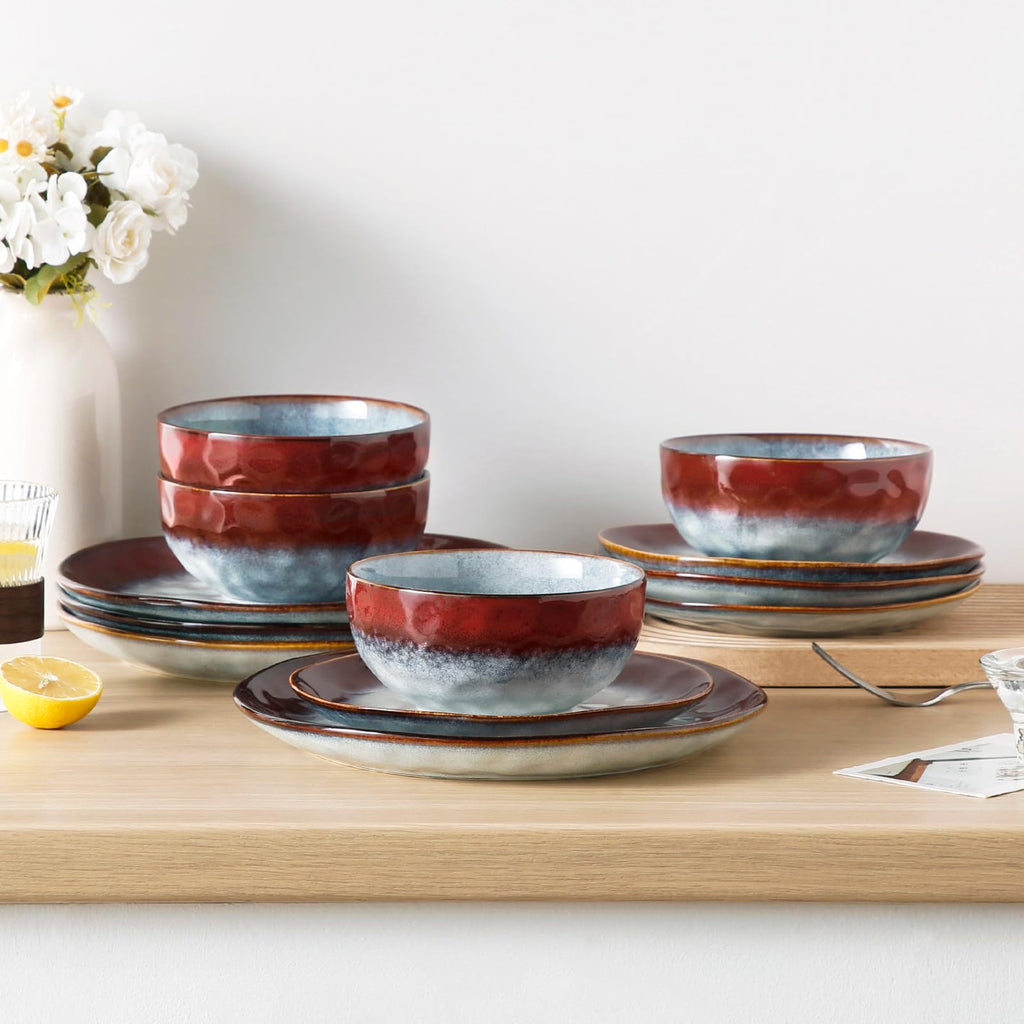 Starry 12 Pcs Dinnerware Set for 4, Handmade Reactive Glaze, Red