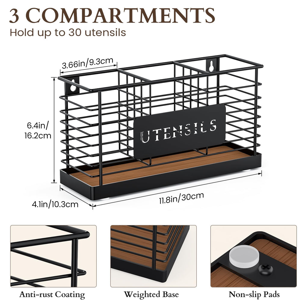 Utensil Holder Counter Large Black Metal Cooking Utensil Organizer 3 Compartments for Countertop Kitchen Tool Spatula