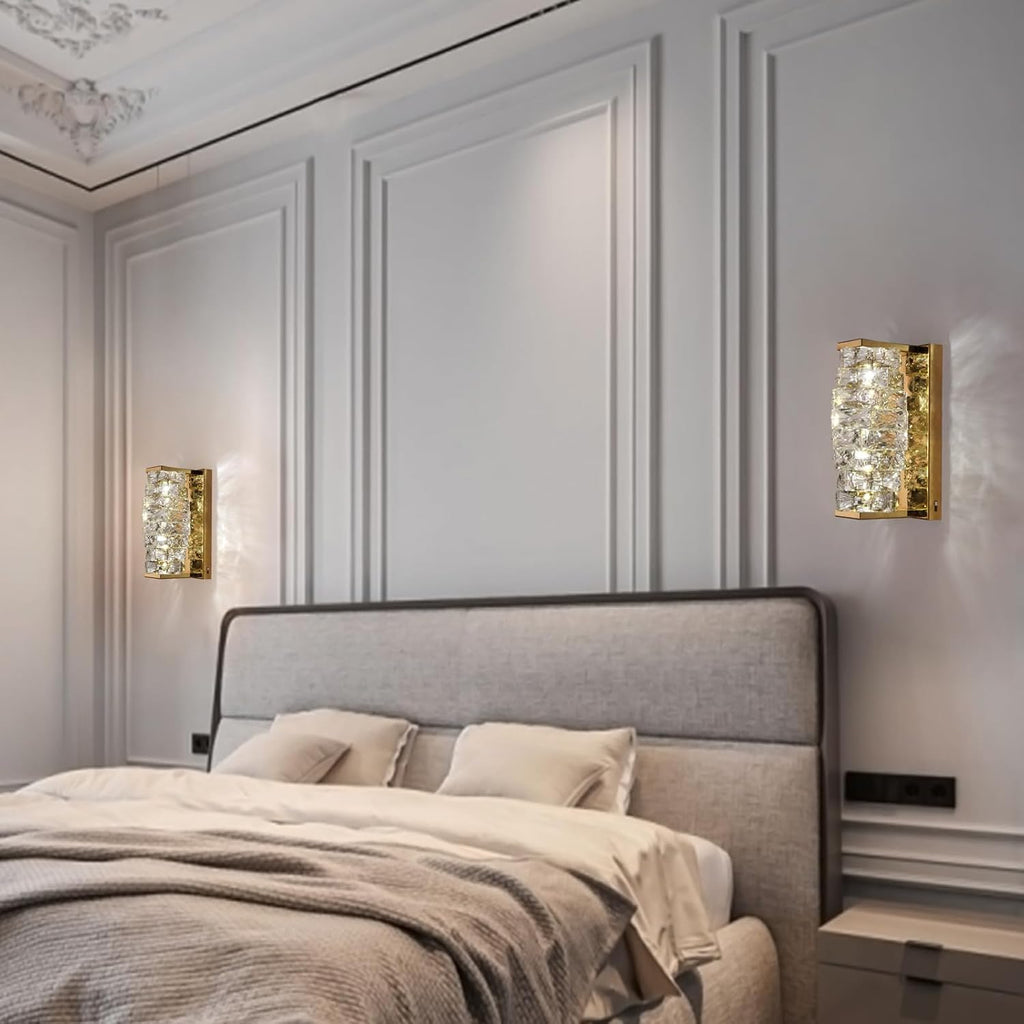 Gold Crystal Wall Sconce, Modern Dimmable LED Sconces Wall Lighting, Luxury Vanity Light Fixture Bathroom Wall