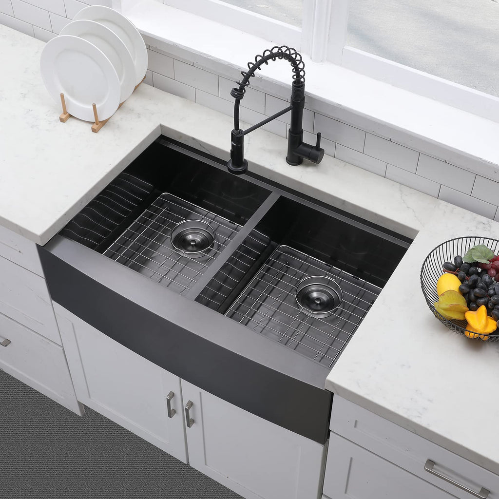 33x22 Inch Gunmetal Black Double Farmhouse Sink, 16 Gauge 50/50 Double Bowl Farmhouse Kitchen Sink, Stainless Steel