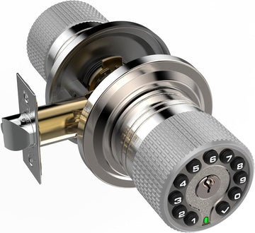 Smart Door Knob with Keypad and Key,Keyless Entry Door Lock with Rubber Grip, Auto Lock,50 User Code,Waterproof, Easy