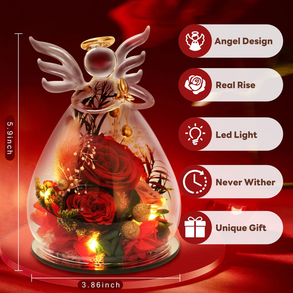Red Preserved Rose Glass Angel Figurine, Romantic Gifts for Wife Girlfriend, Real Forever Flower I Love You