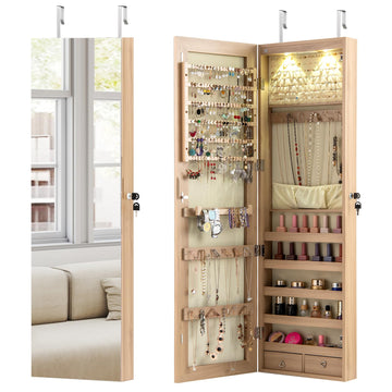 Wall Door Mounted Jewelry Armoire with 47.5" Full Length Mirror & 2 LED Lights, Large Storage Capacity, Lockable