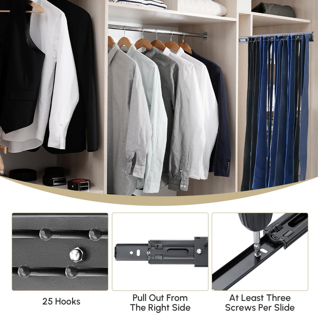 1 Pcs 13.8'' Sliding Tie Rack Hangers for Closet, 25 Tie Each, Black