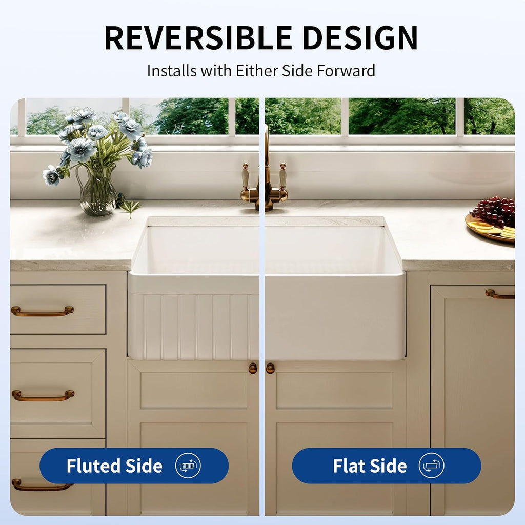 White Farmhouse Sink Apron Front Farm Kitchen Sink 33 inch | Single Bowl Deep Drop-in Undermount Reversible Sinks